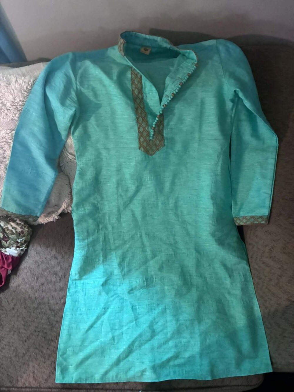 Manyavar mens teal blue greeb Long-Sleeve Kurta Top size 38